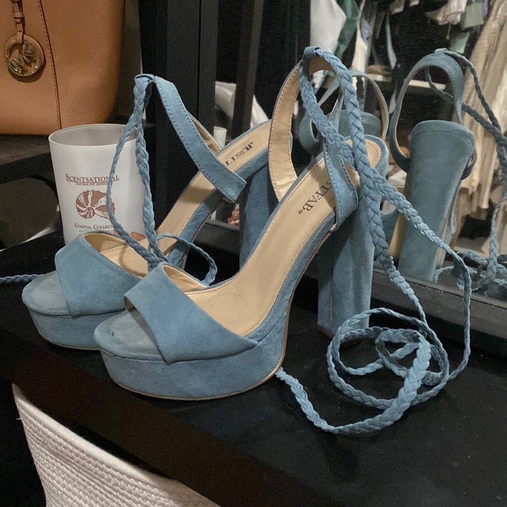 Light blue suede wrap lace up platform block heels